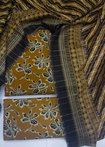 3 Piece Printed Mustard Color Khaddar Unstitched Suit