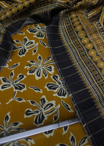3 Piece Printed Mustard Color Khaddar Unstitched Suit