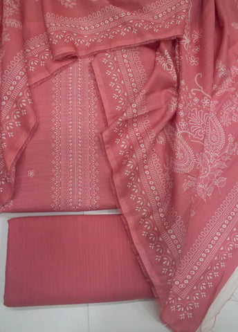 3 Piece Printed Coral Pink Color Khaddar Unstitched Suit