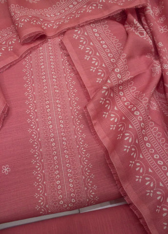 3 Piece Printed Coral Pink Color Khaddar Unstitched Suit