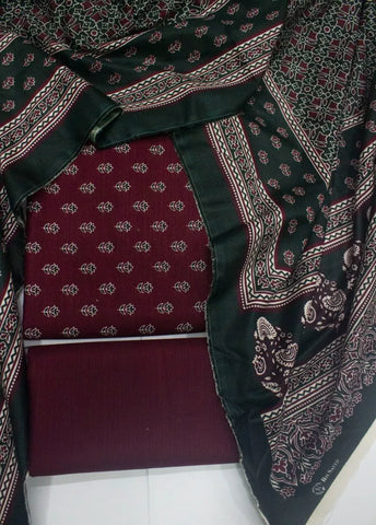 3 Piece Printed Maroon Color Khaddar Unstitched Suit