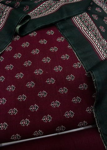3 Piece Printed Maroon Color Khaddar Unstitched Suit