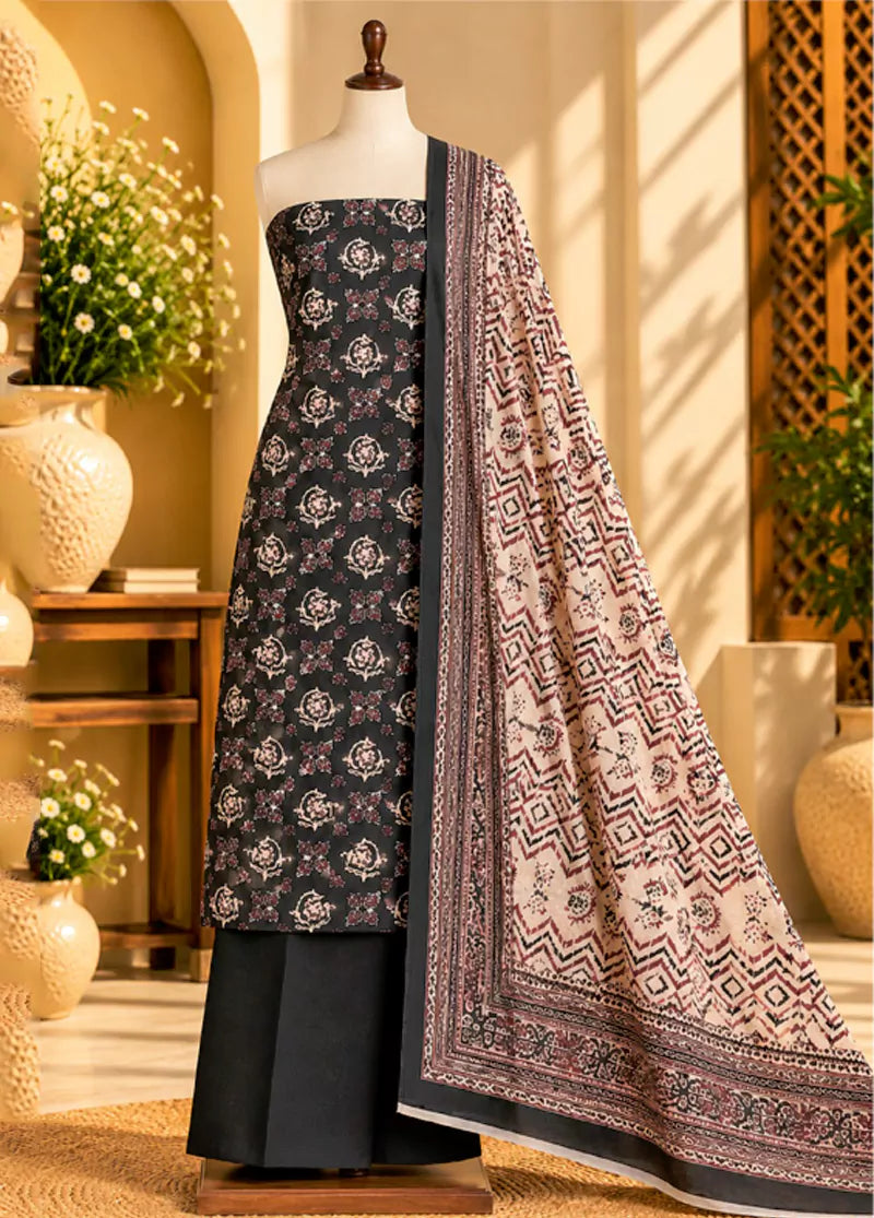 3 Piece Printed Black Color Khaddar Unstitched Suit