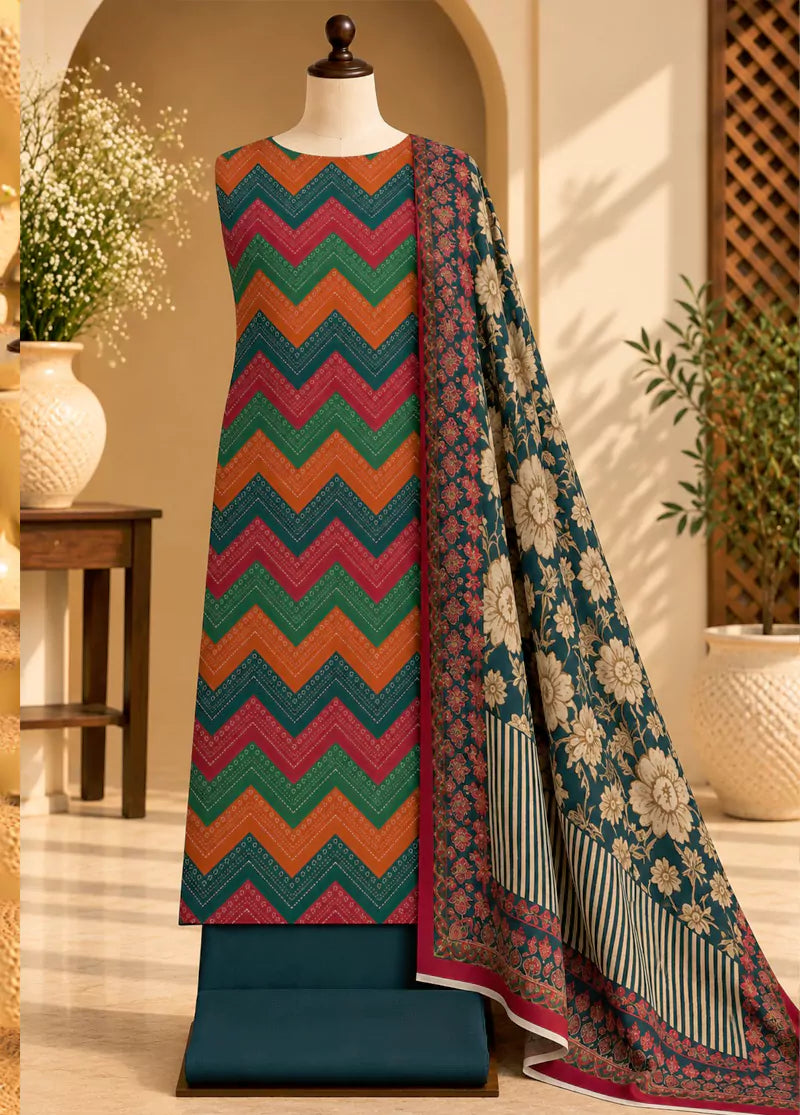 3 Piece Printed MultiColor Khaddar Unstitched Suit