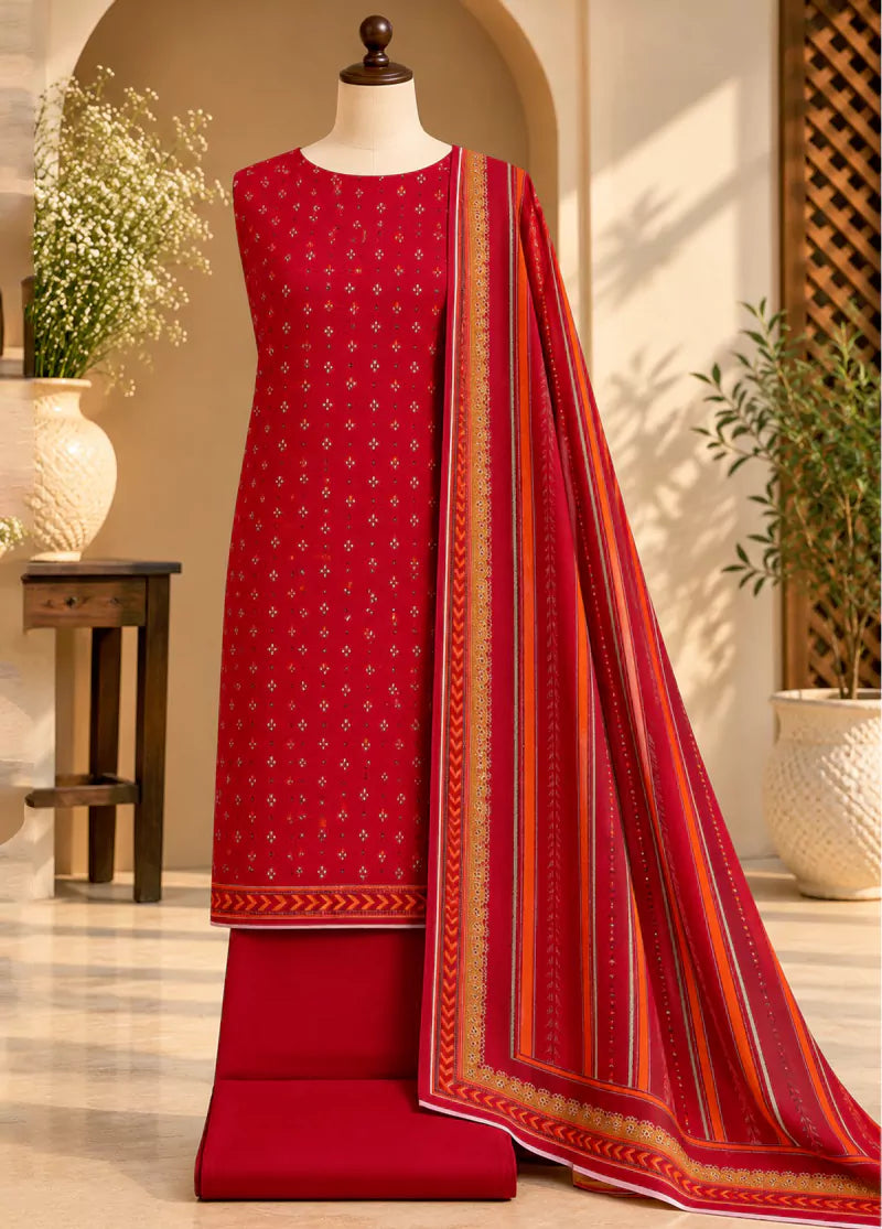 3 Piece Printed Red Color Khaddar Unstitched Suit