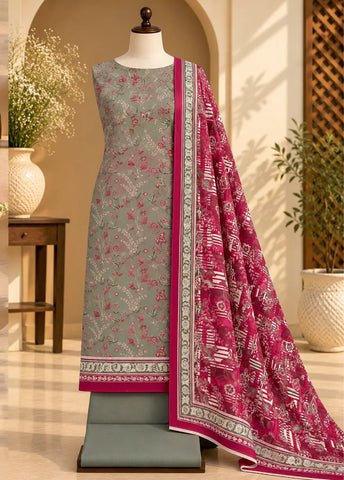 3 Piece Printed Grey Color Khaddar Unstitched Suit