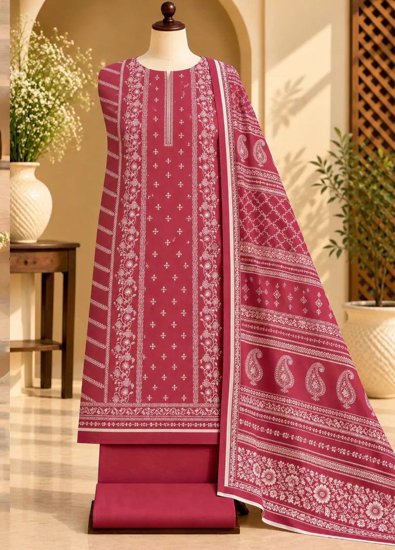 3 Piece Printed Red Color Khaddar Unstitched Suit