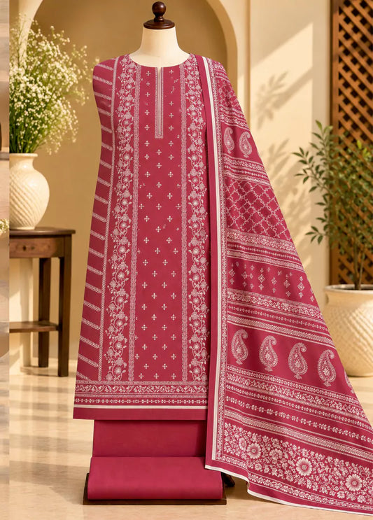 3 Piece Printed Red Color Khaddar Unstitched Suit