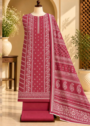 3 Piece Printed Red Color Khaddar Unstitched Suit