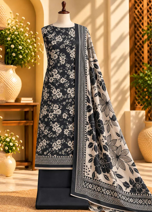 3 Piece Printed Black Color Khaddar Unstitched Suit