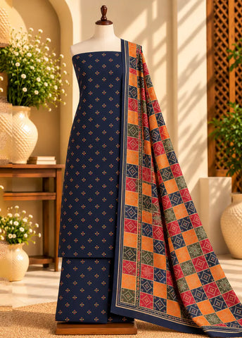 3 Piece Printed Navy Blue Color Khaddar Unstitched Suit