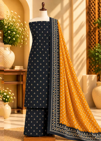 3 Piece Printed Black Color Khaddar Unstitched Suit