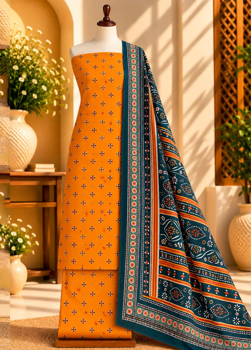 3 Piece Printed Orange Color Khaddar Unstitched Suit
