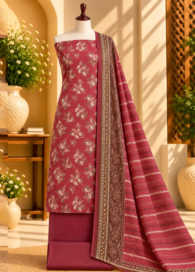 3 Piece Printed Red Color Khaddar Unstitched Suit