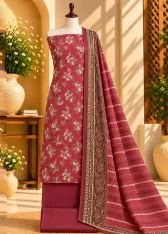 3 Piece Printed Red Color Khaddar Unstitched Suit
