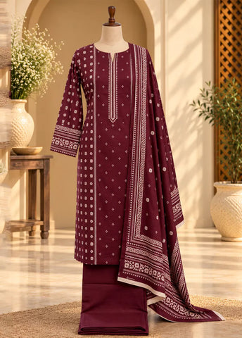 3 Piece Printed Maroon Color Khaddar Unstitched Suit