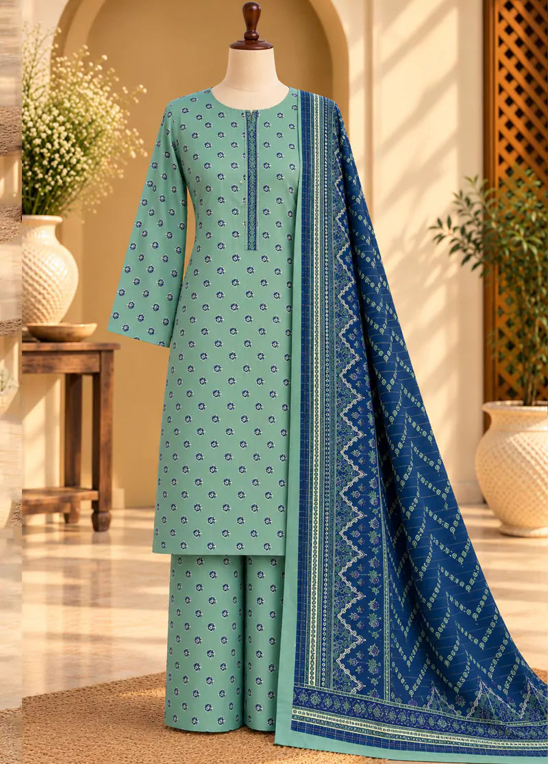 3 Piece Printed Aqua Blue Color Khaddar Unstitched Suit