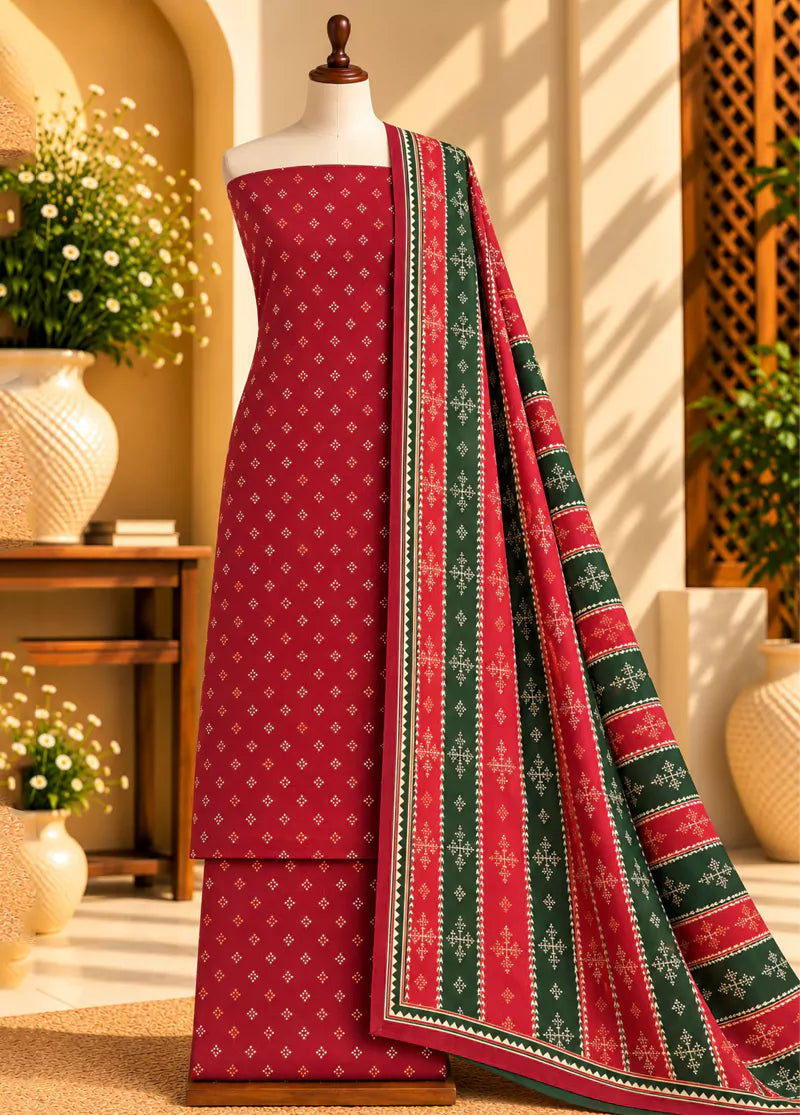3 Piece Printed Red Color Khaddar Unstitched Suit