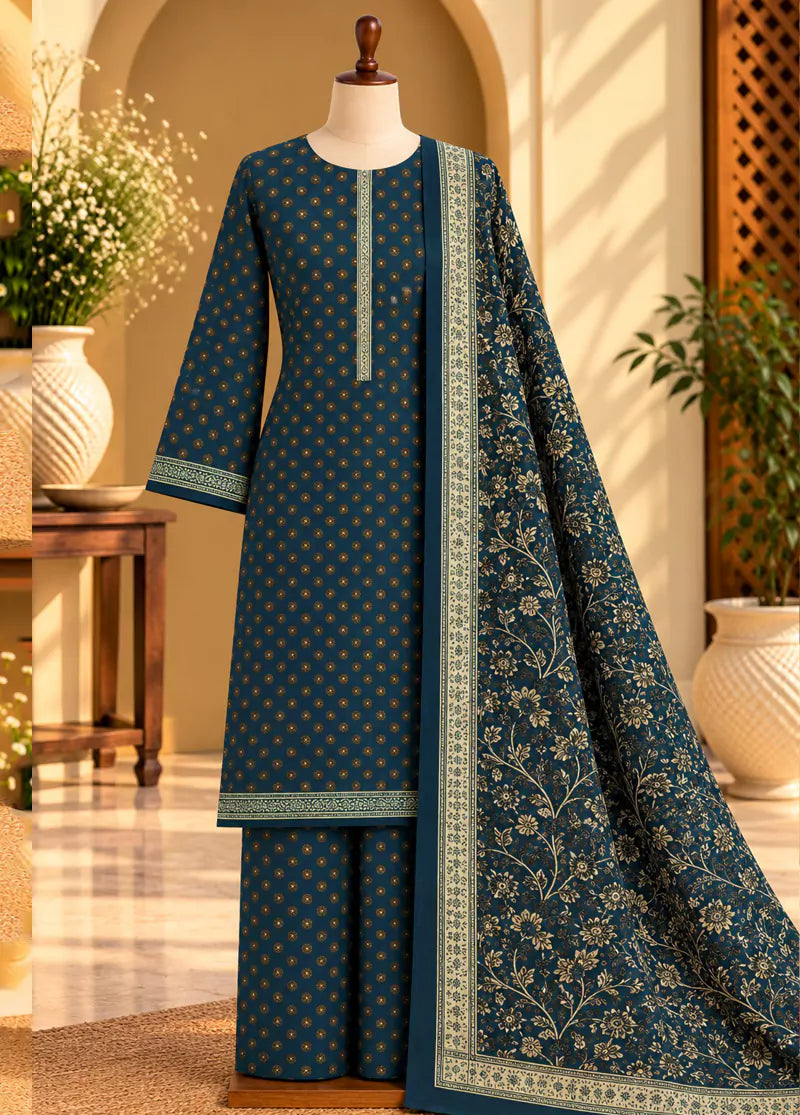 3 Piece Printed Teal Color Khaddar Unstitched Suit