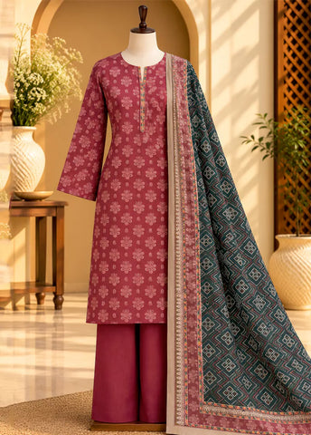 3 Piece Printed Red Color Khaddar Unstitched Suit