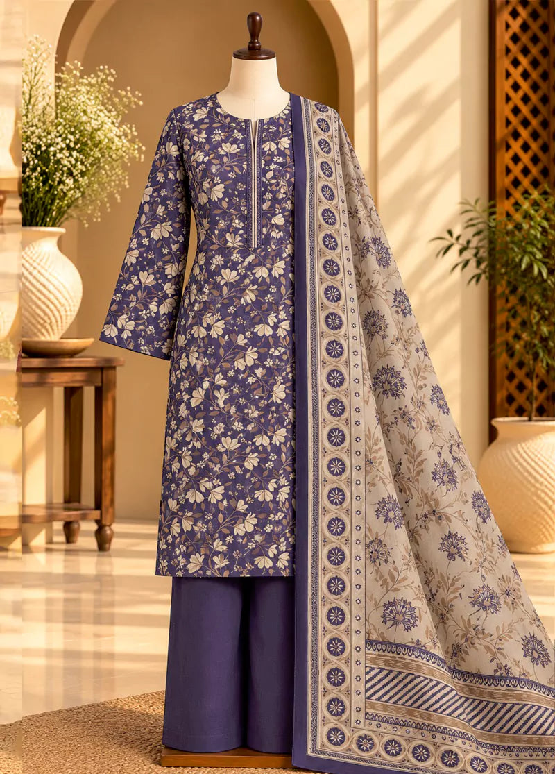 3 Piece Printed Purple Color Khaddar Unstitched Suit
