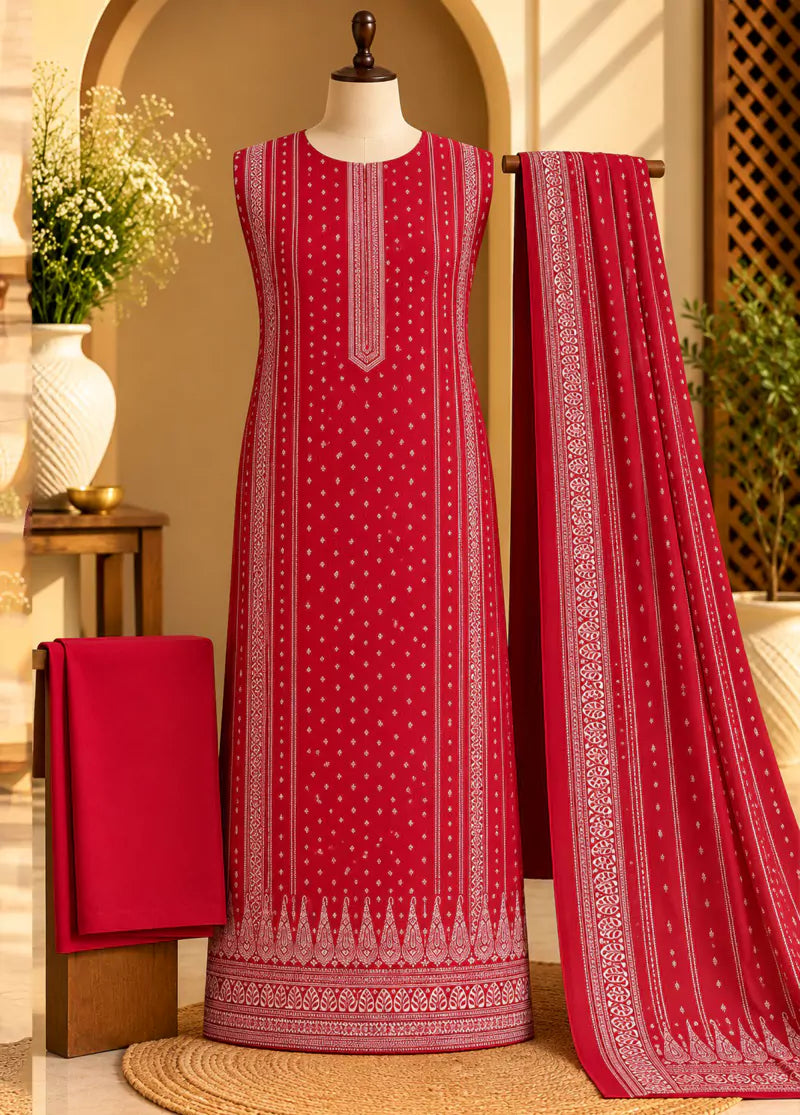 3 Piece Printed Red Color Khaddar Unstitched Suit