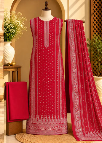3 Piece Printed Red Color Khaddar Unstitched Suit