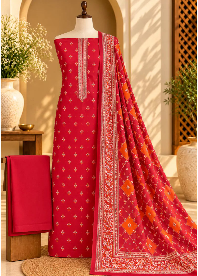 3 Piece Printed Red Color Khaddar Unstitched Suit