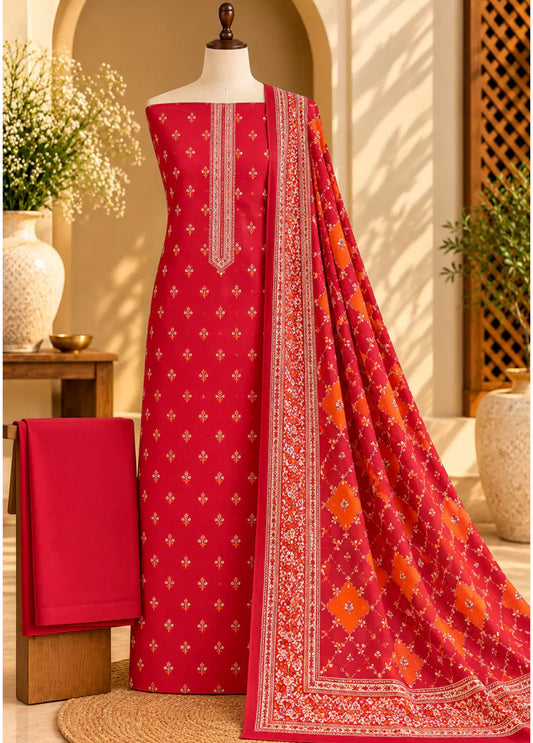 3 Piece Printed Red Color Khaddar Unstitched Suit