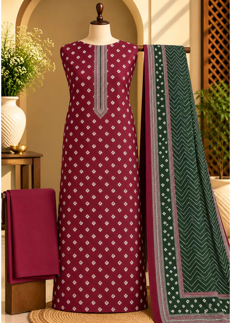 3 Piece Printed Maroon Color Khaddar Unstitched Suit
