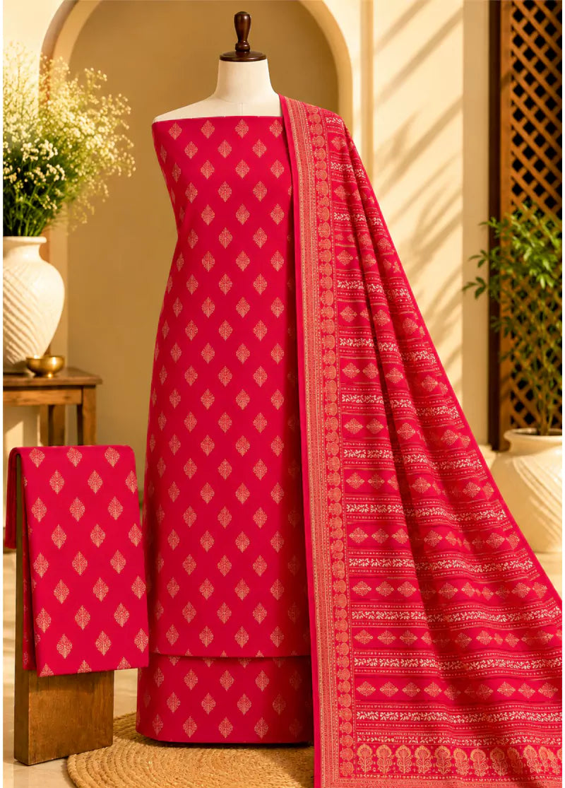 3 Piece Printed Red Color Khaddar Unstitched Suit