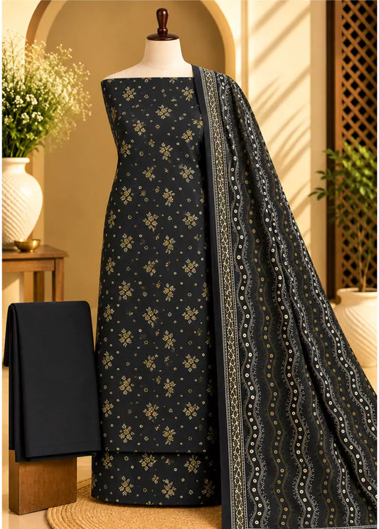 3 Piece Printed Black Color Khaddar Unstitched Suit