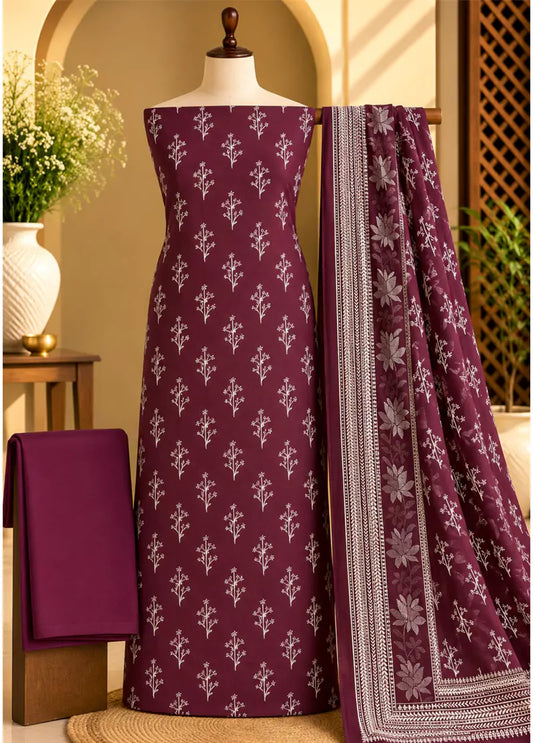 3 Piece Printed Plum Color Khaddar Unstitched Suit
