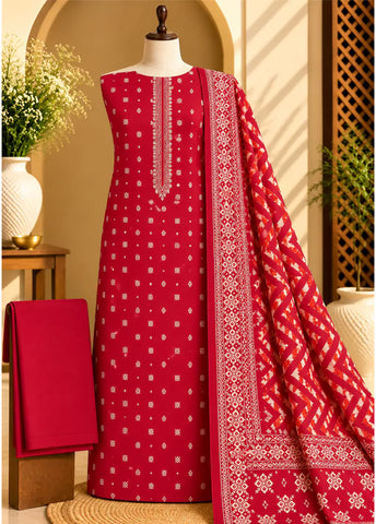 3 Piece Printed Red Color Khaddar Unstitched Suit
