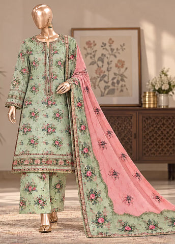 3 Piece Embroidered Stitched Mint Green Color Khaddar Shirt with Trouser & Dupatta