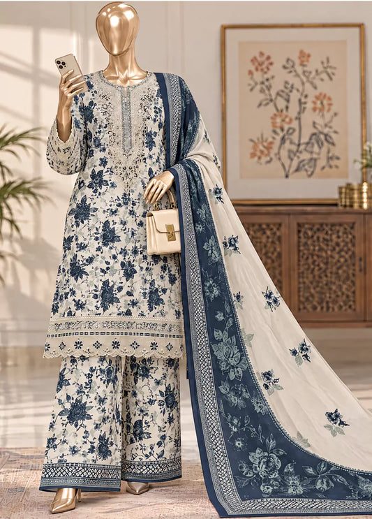 3 Piece Embroidered Stitched MultiColor Khaddar Shirt with Bell Bottoms & Dupatta