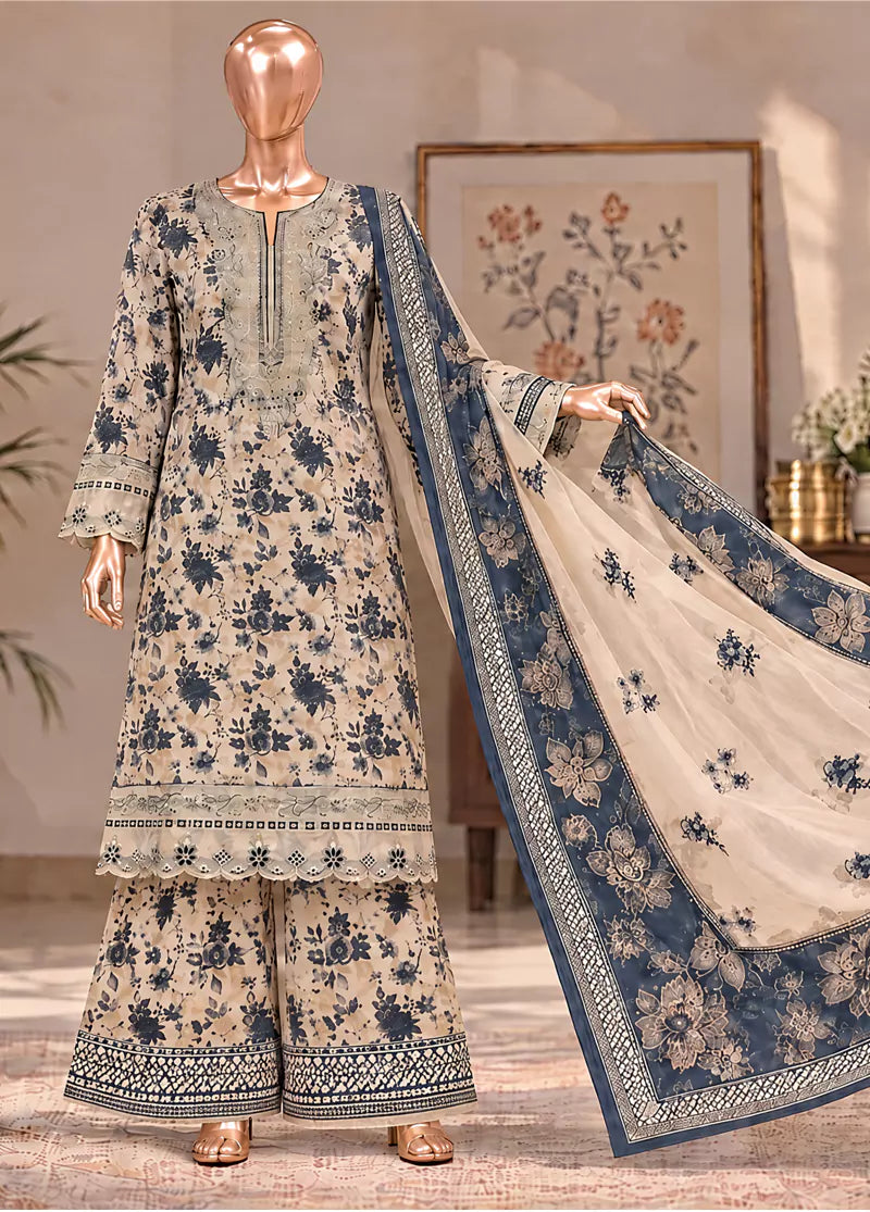 3 Piece Embroidered Stitched MultiColor Khaddar Shirt with Bell Bottoms & Dupatta