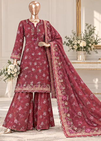 3 Piece Embroidered Stitched Maroon Color Khaddar Shirt with Bell Bottoms & Dupatta