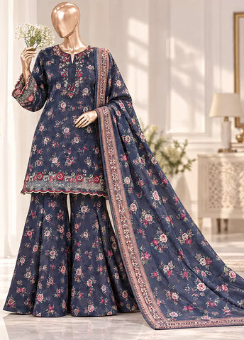 3 Piece Embroidered Stitched Navy Blue Color Khaddar Shirt with Bell Bottom & Dupatta