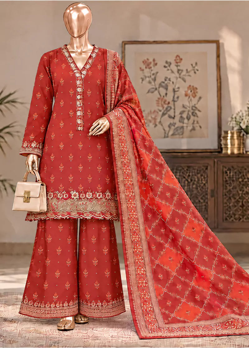 3 Piece Embroidered Stitched Red Color Khaddar Shirt with Bell Bottoms & Dupatta