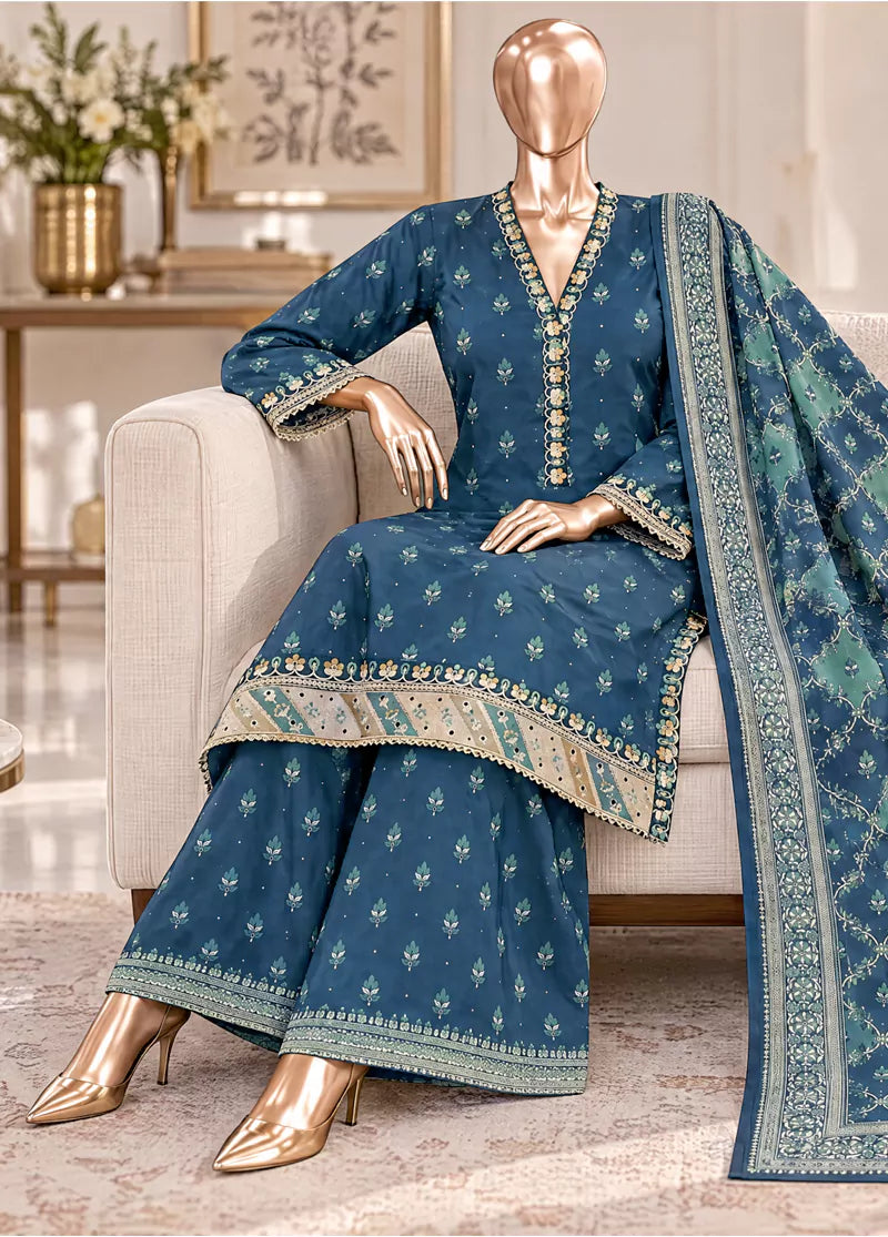 3 Piece Embroidered Stitched Blue Color Khaddar Shirt with Bell Bottoms & Dupatta