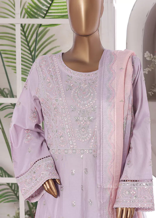 3 Piece Embroidred Stitched Lilac Color Lawn Frock with Trouser & Dupatta