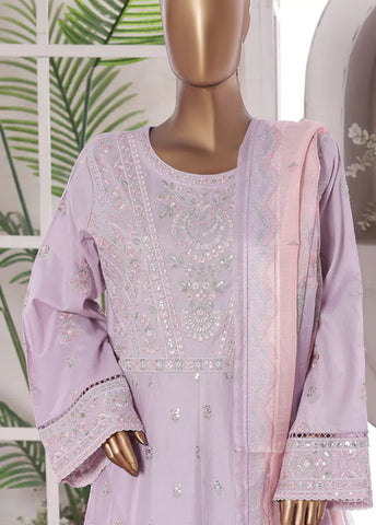 3 Piece Embroidred Stitched Lilac Color Lawn Frock with Trouser & Dupatta
