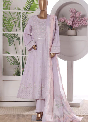3 Piece Embroidred Stitched Lilac Color Lawn Frock with Trouser & Dupatta