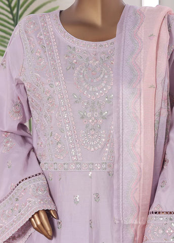 3 Piece Embroidred Stitched Lilac Color Lawn Frock with Trouser & Dupatta
