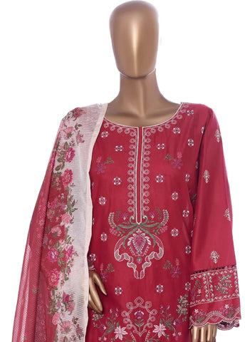 3 Piece Red Color Embroidered Lawn Shirt with Embroidered Trouser & Dupatta