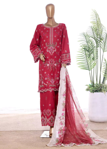 3 Piece Red Color Embroidered Lawn Shirt with Embroidered Trouser & Dupatta