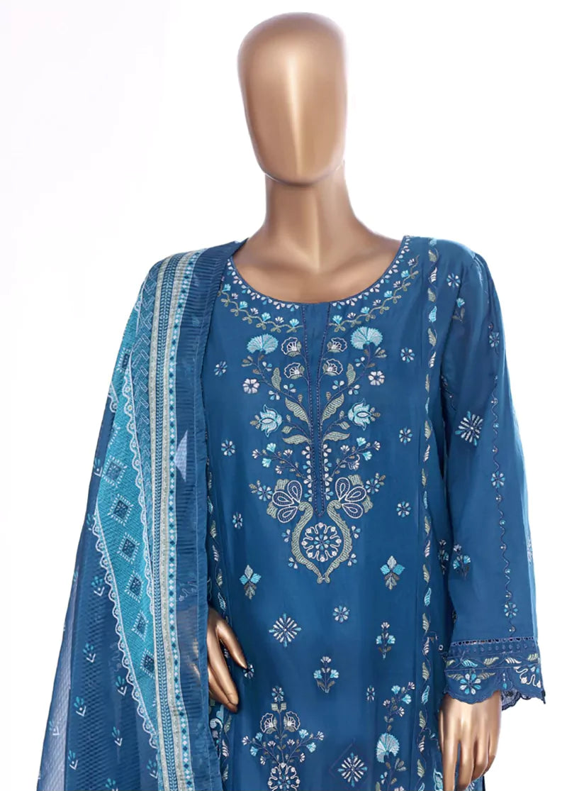 3 Piece Ink Blue Color Embroidered Lawn Shirt with Embroidered Trouser & Dupatta