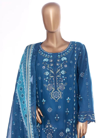 3 Piece Ink Blue Color Embroidered Lawn Shirt with Embroidered Trouser & Dupatta
