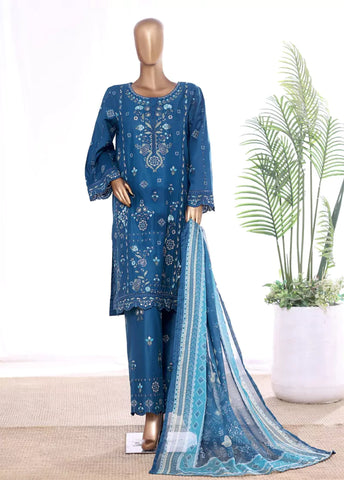 3 Piece Ink Blue Color Embroidered Lawn Shirt with Embroidered Trouser & Dupatta